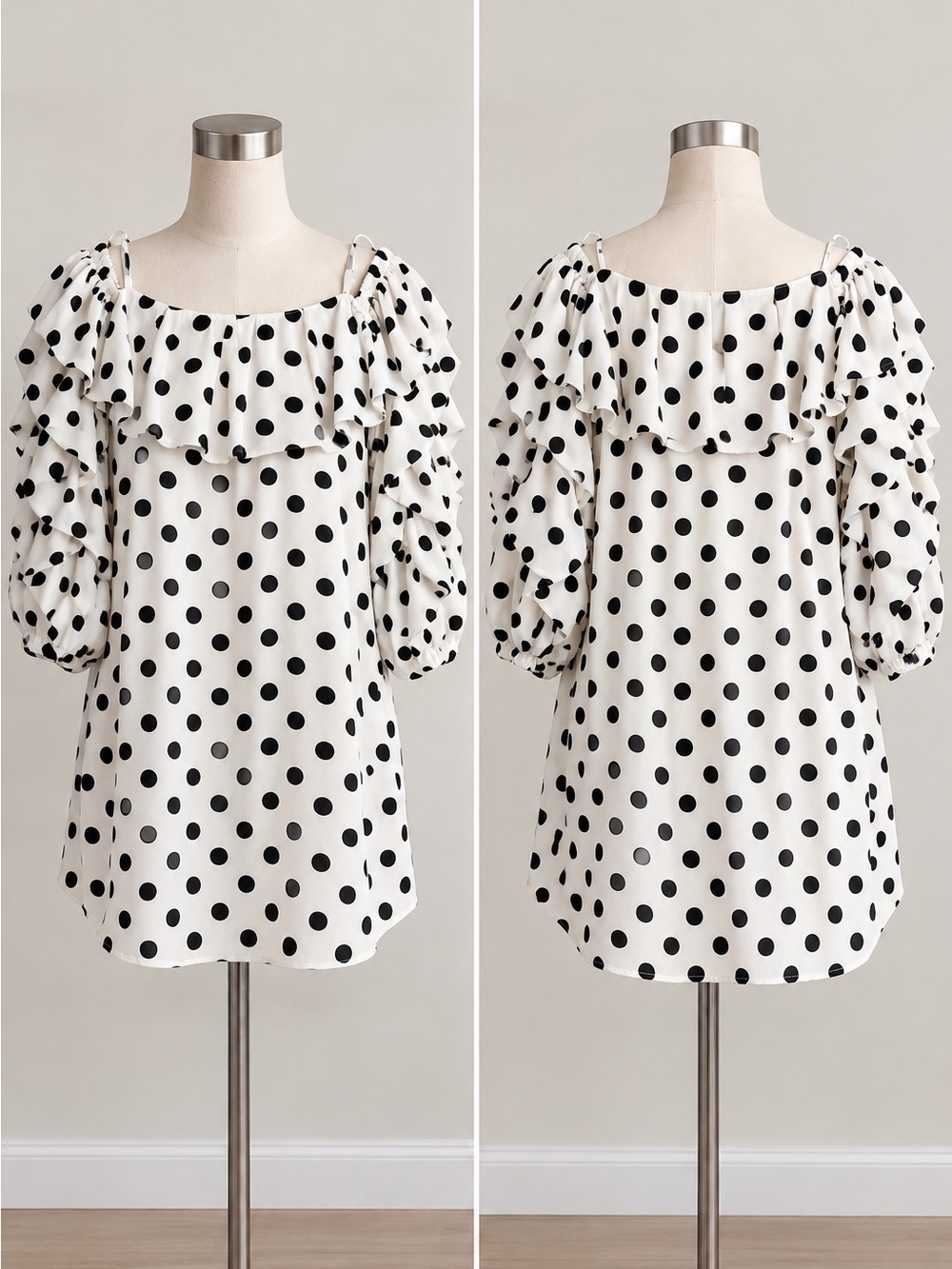 Hot & Delicious Polka Dot Ruffle Blouse M Cold Shoulder Statement Sleeve